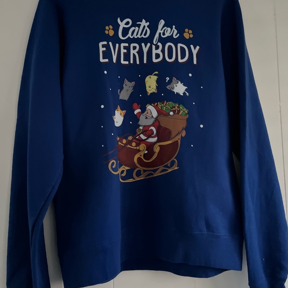 Christmas Holiday Cat Sweatshirt Blue Cats For Everybody Santa Sleigh Cats Small - Picture 4 of 12